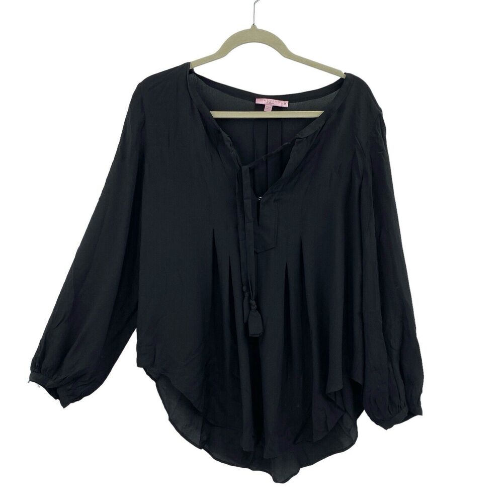 Calypso St Barth Tunic Top Size Medium Black Long Sleeve 100% Silk Top Tie Neck